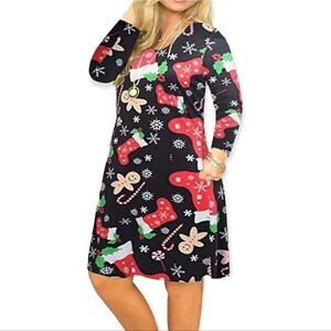 NWT Plus Size Christmas Print Casual Swing T-Shirt Dress with Pockets
